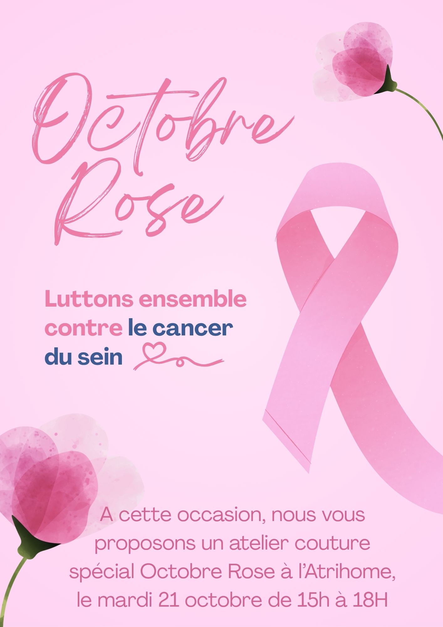 Affiche flyer Octobre Rose lutte cancer du sein ruban rose fleurs féminin élégant délicat rose